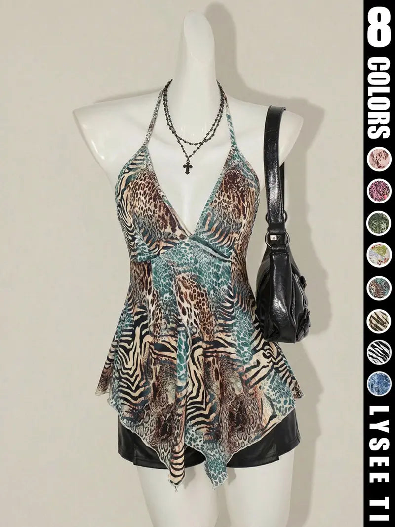 Y2K Women's Summer Butterfly Printed Sexy Elegant Casual Sleeveless Halter Neck Strap Womenswear Top Halter Crop Top