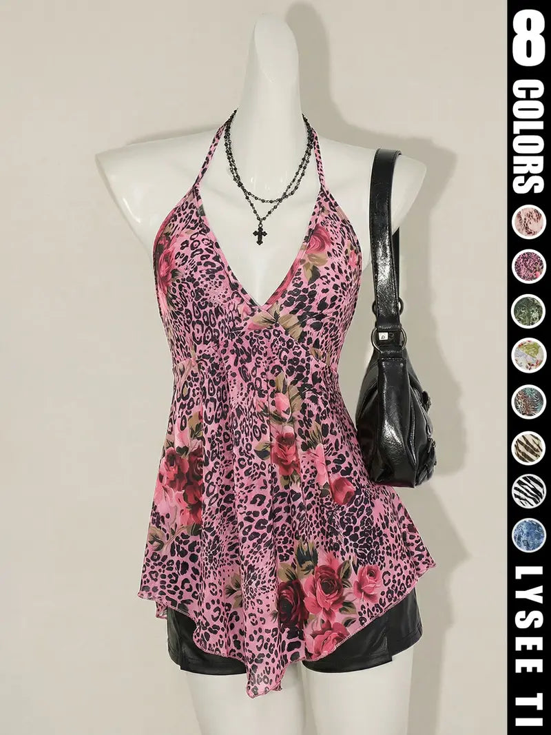Y2K Women's Summer Butterfly Printed Sexy Elegant Casual Sleeveless Halter Neck Strap Womenswear Top Halter Crop Top