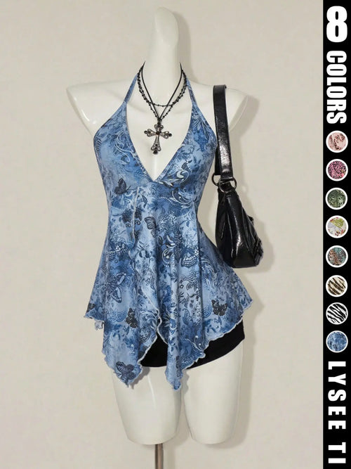 Y2K Women's Summer Butterfly Printed Sexy Elegant Casual Sleeveless Halter Neck Strap Womenswear Top Halter Crop Top
