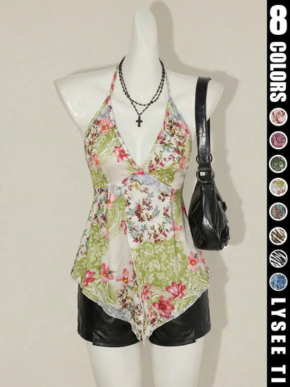 Y2K Women's Summer Butterfly Printed Sexy Elegant Casual Sleeveless Halter Neck Strap Womenswear Top Halter Crop Top
