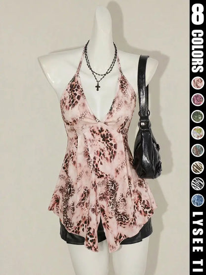 Y2K Women's Summer Butterfly Printed Sexy Elegant Casual Sleeveless Halter Neck Strap Womenswear Top Halter Crop Top