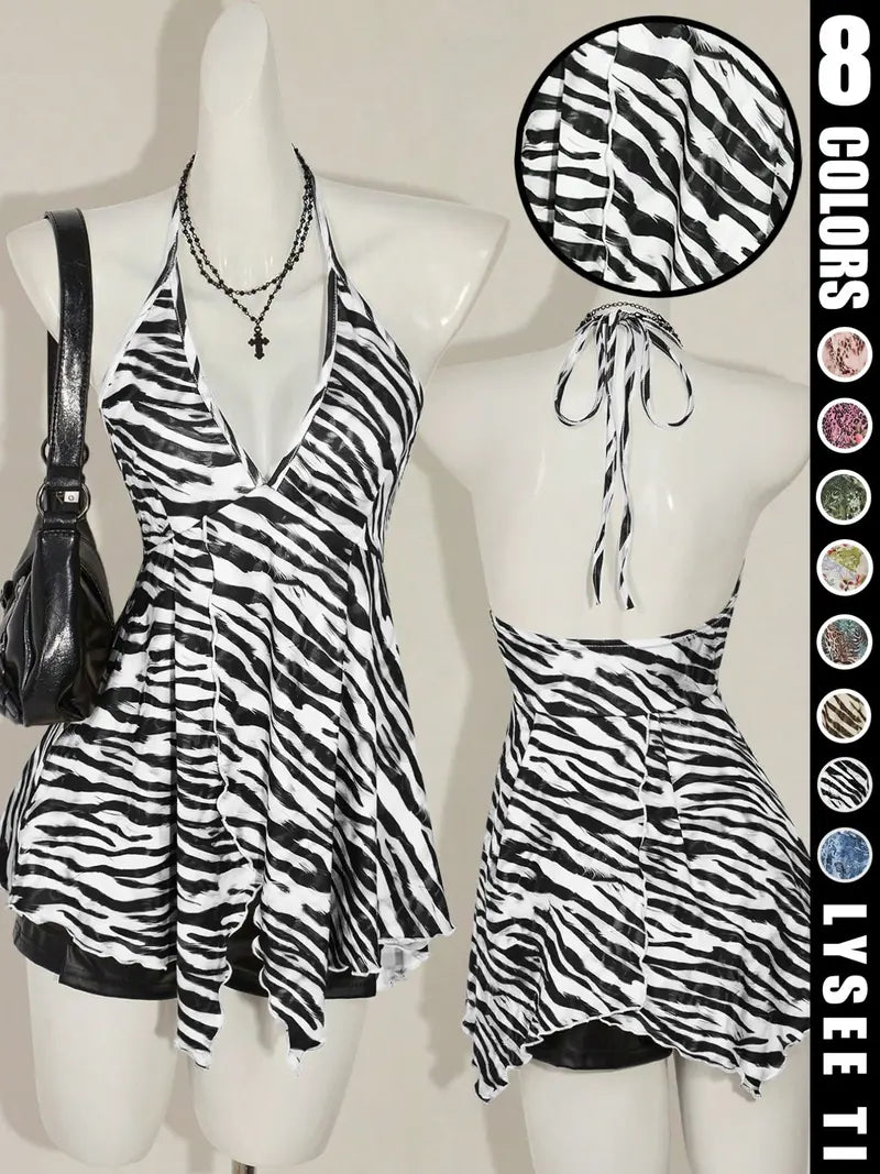 Y2K Women's Summer Butterfly Printed Sexy Elegant Casual Sleeveless Halter Neck Strap Womenswear Top Halter Crop Top