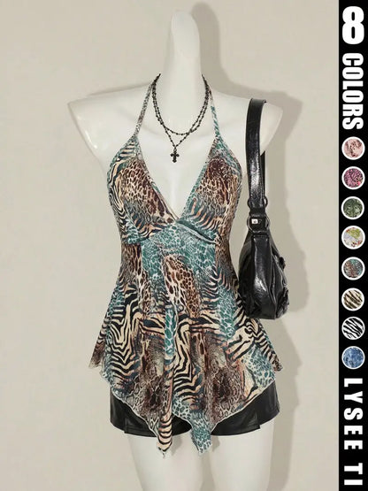 Y2K Women's Summer Butterfly Printed Sexy Elegant Casual Sleeveless Halter Neck Strap Womenswear Top Halter Crop Top